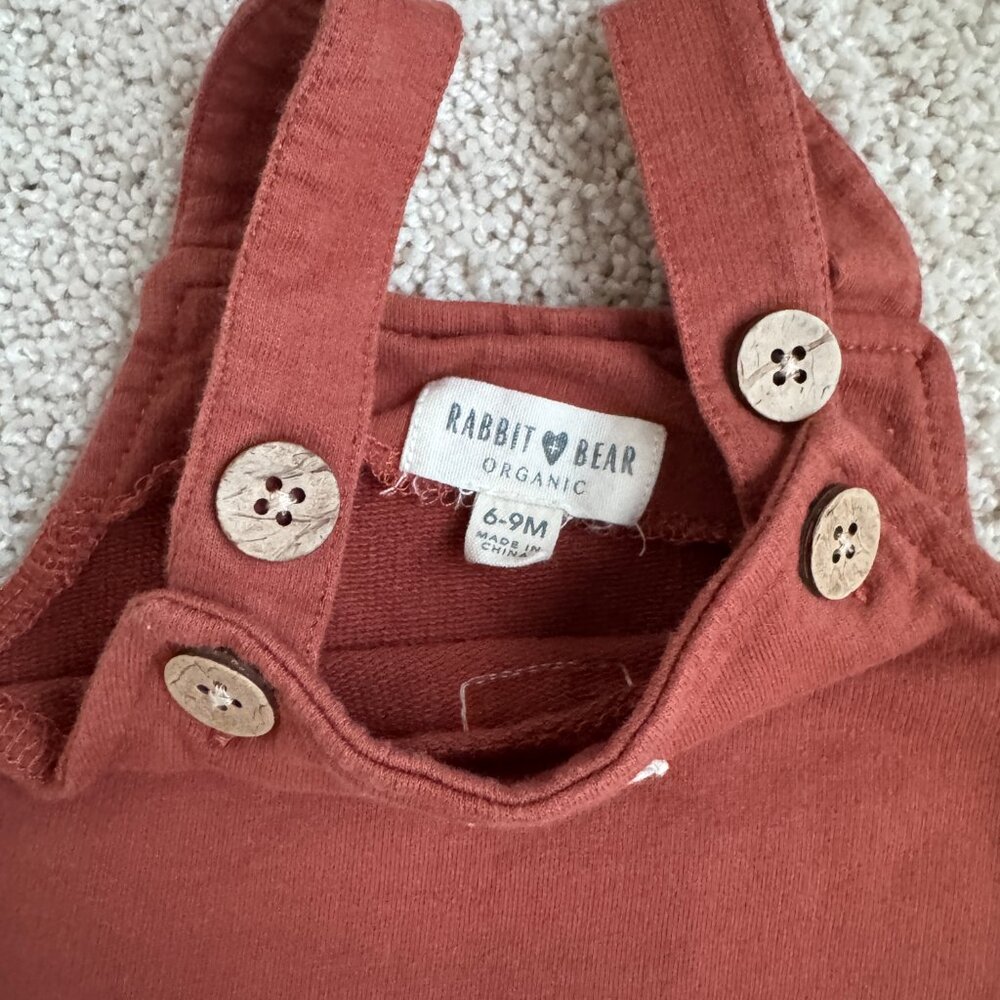 Rabbit Bear Organic Short Overalls | 6–9 Months | Rust Red | Good Condition - Picture 2 of 3